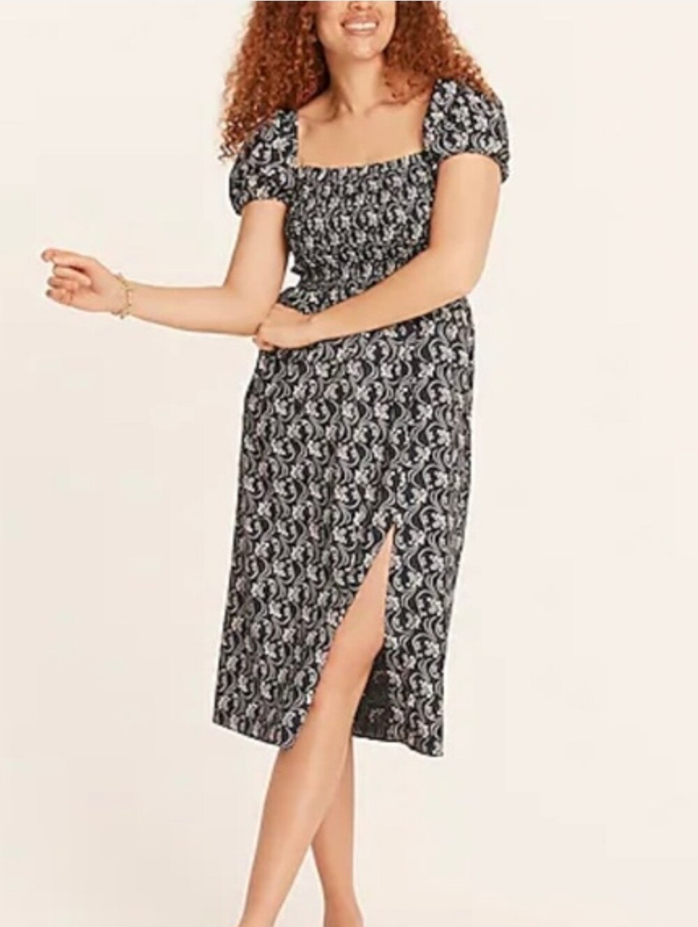 J.Crew 100% Cotton Navy Floral Smocked Puff-Sleeve Midi Summer Dress S